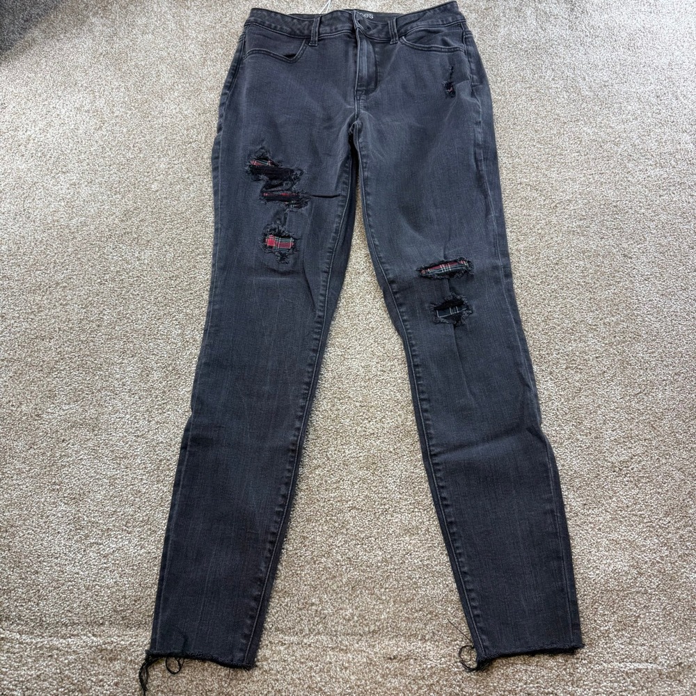 Maurices High Rise Skinny Jeans Grey Distressed Plaid Patch Raw Hem M X-Long